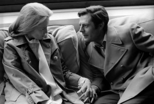 Faye Dunaway et Marcello Mastroianni, tournage du film "Le temps des amants" de Vittorio de Sica, Cortina d’Ampezzo, 1967